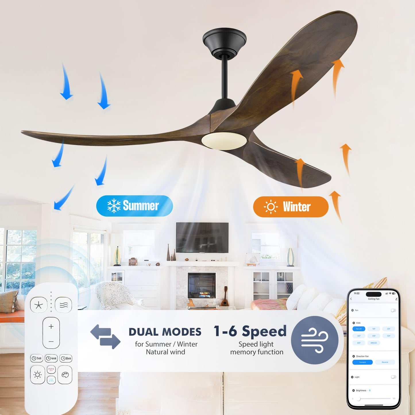60 Inch Ceiling Fans with Lights, Outdoor Ceiling Fans for Patios with Light Damp Rated, 3 Blades Wood DC Ceiling Fan Modern Large Airflow Commercial Ceiling Fan with Remote & APP for Exterior Indoor