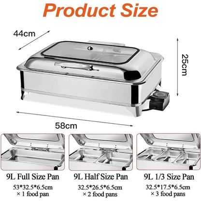 Stainless Steel Electric Chafing Dish with Clear Lid, Commercial Grade Food Warmer for Home Kitchen, Hotel, Banquet, Family Gatherings, Party Serving Tray