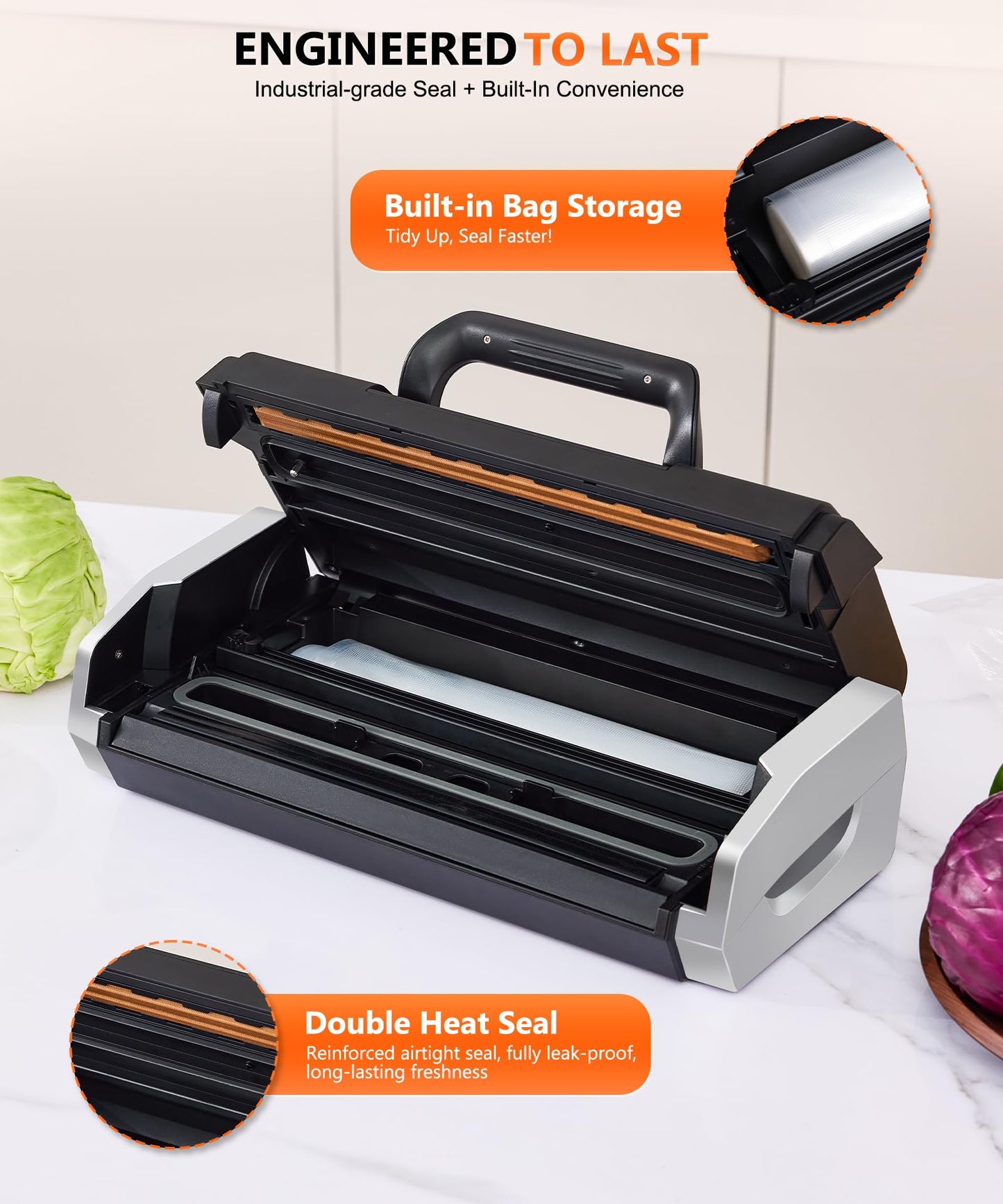 95KPa Vacuum Sealer Machine- Fully Automatic Commercial Food Sealer with 10-in-1 System, Double Heat Seal, Easy-Lock Handle & Built-in Cutter, Includes 1 Roll + 15 Bags (Black Silver)