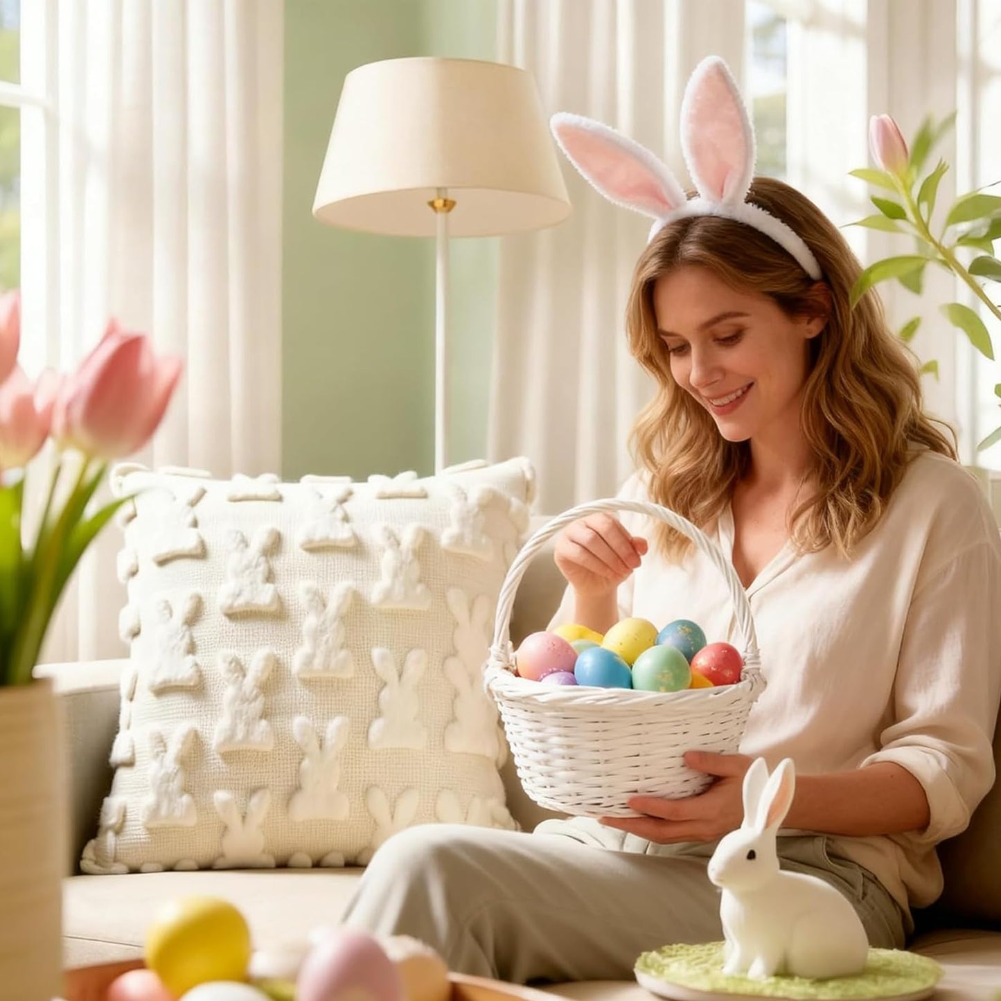 AONSOULE Easter Pillow Covers 18x18, 2Pcs Soft Beige Bunny Pillow Covers with Hidden Zipper, Easter Home Decorations Cute Spring Home Decors for Sofa Bedroom