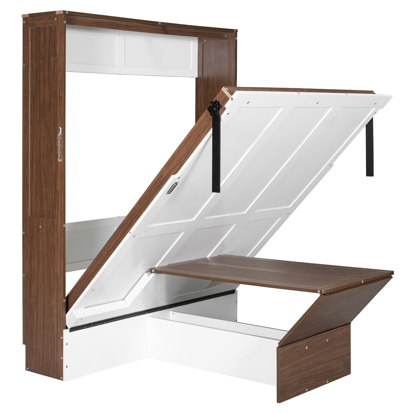 Merax Full Size Murphy Bed with Foldable Desk,Space Saving Wall Bed,Solid Wood Foldable Hidden Platform Bedframe for Home,Bedroom,Office,Small Room,Apartment,Walnut+White