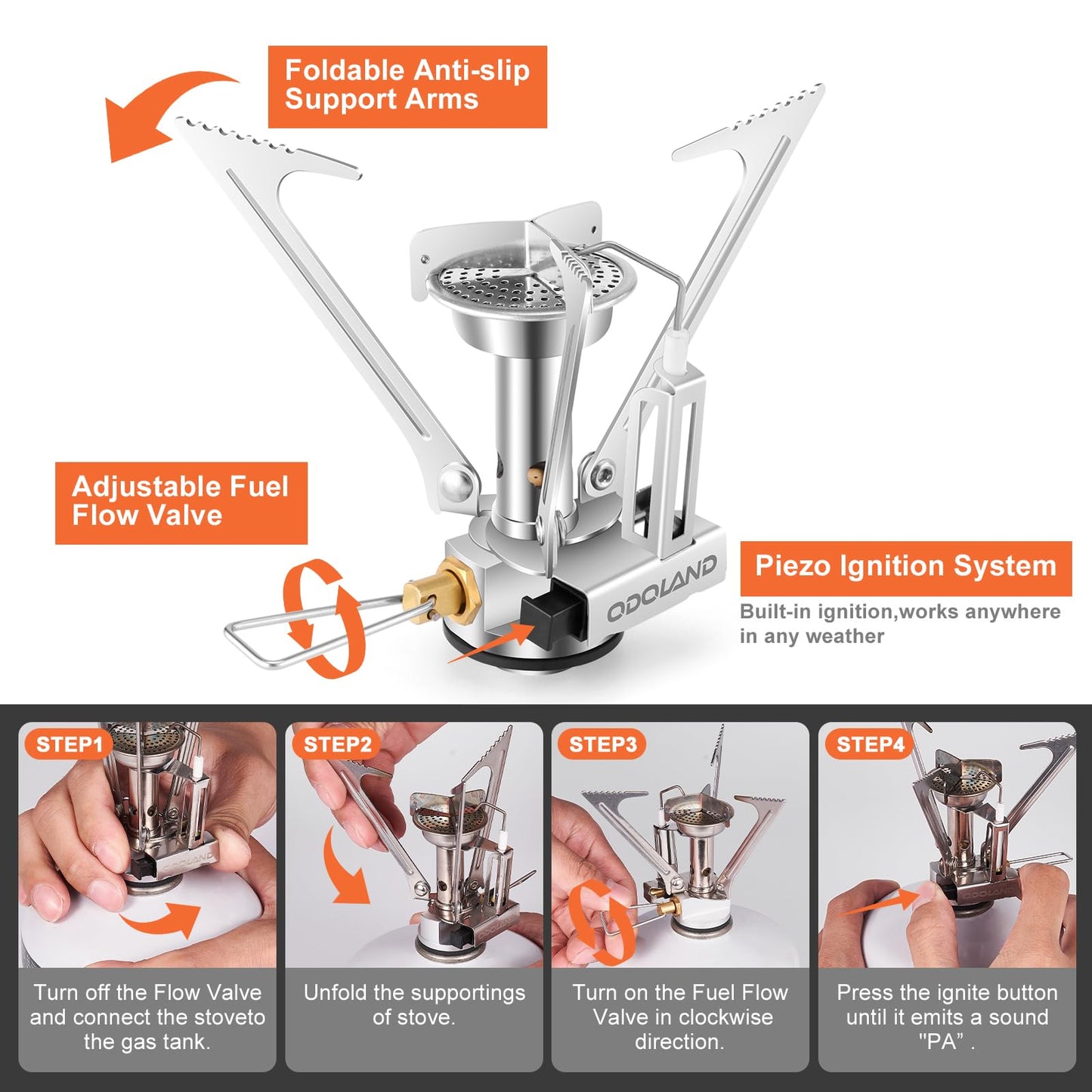 Odoland 15pcs Stainless Steel Camping Cookware Camping Pot and Pan Set with Portable Camping Stove Camping Mess Kit with Plates Bowls Forks Knives Spoons for Hiking Backpacking and Picnic
