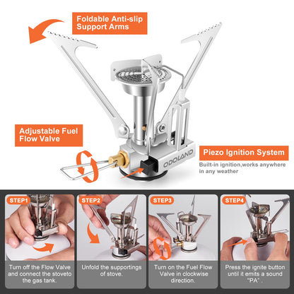 Odoland 15pcs Stainless Steel Camping Cookware Camping Pot and Pan Set with Portable Camping Stove Camping Mess Kit with Plates Bowls Forks Knives Spoons for Hiking Backpacking and Picnic