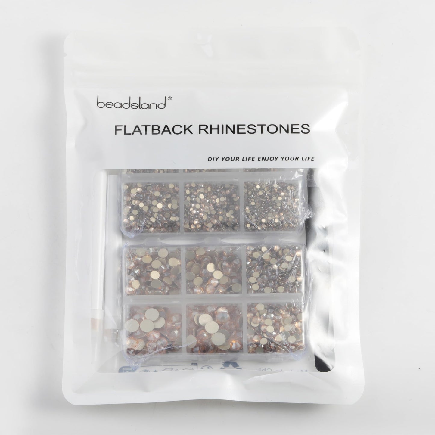 Beadsland 8300PCS Flatback Rhinestones, Gold Rhinestone Round Crystal Rhinestones for Crafts, Mixed 10 Sizes with Wax Pencil and Tweezer Kit, SS3-SS30, Golden Shadow