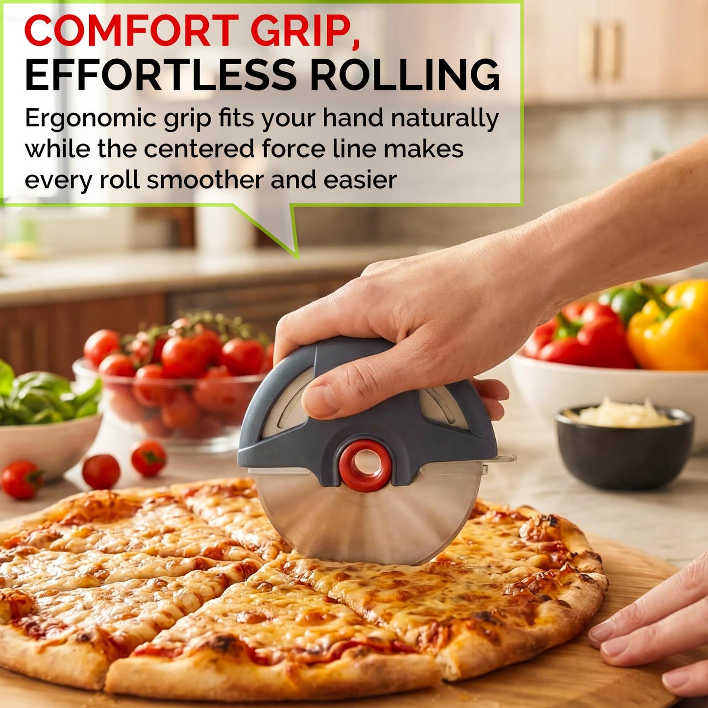 UHIYEE Palm-Grip Pizza Cutter Wheel with Protective Blade Guard, 4.3" Detachable Stainless Steel Pizza Slicer for Deep Dish Crusts, Easy Cleaning, Gray