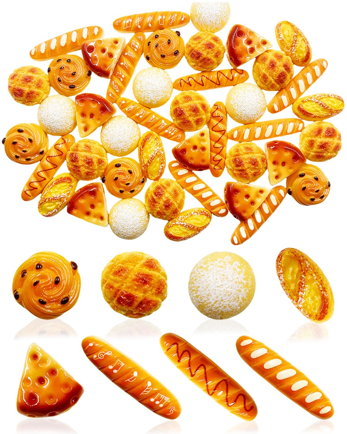 LOPURO 100Pcs Mini Fake Bread Artificial Resin Flatback Bakery Pastries Charms, Miniature Cake Simulation Food Model Tiny House Decor for DIY Craft Scrapbooking Embellishments Home Kitchen Display