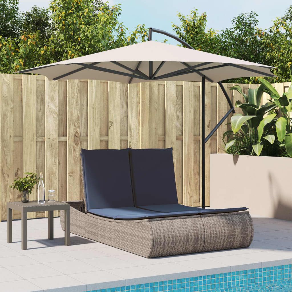 MBDRKVGF Double Sun Lounger with Canopy and Cushions, Outdoor Poly Rattan Daybed with Adjustable Backrest, Gray Patio Lounge Chair for Garden Poolside