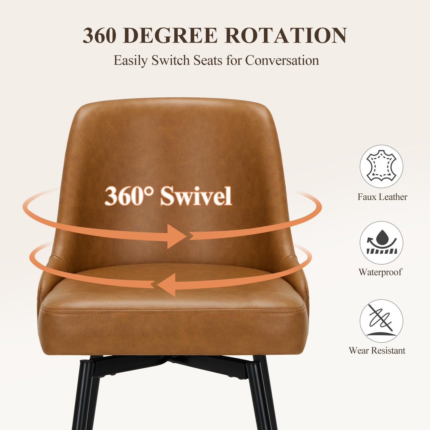COLAMY Bar Stools Set of 4, 26" Swivel Counter Height Chairs with Back,Thick Padded Seat & Footrest,Modern Faux Leather Barstool for Kitchen Island,Dining Room,Pub,Brown
