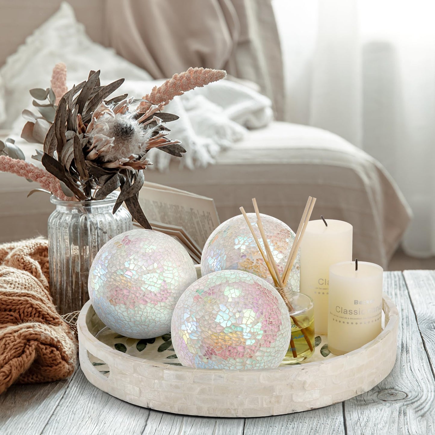 TOPZEA Set of 3 Decorative Balls, 4 Inch Glass Mosaic Orbs Sphere Bowl Fillers, Coffee Table Centerpiece Ball Ornaments for Living Room, Christmas, Holiday Party, White Home Decor