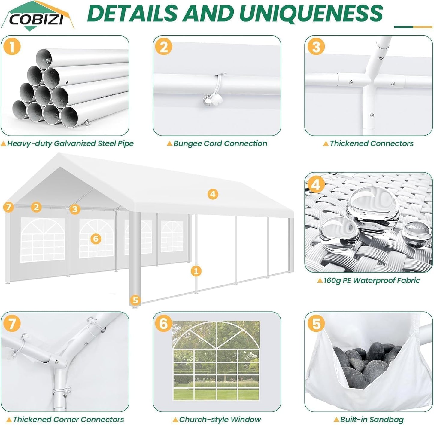COBIZI 13x26 Party Tent Heavy Duty for Parties, Powder Coating (Better Than Galvanized), Large Outdoor Event Gazebo with Removable Sidewall & Built-in Sandbag, Waterproof for Church & Wedding, White