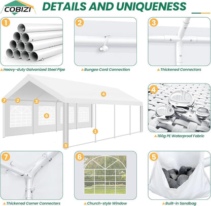 COBIZI 13x26 Party Tent Heavy Duty for Parties, Powder Coating (Better Than Galvanized), Large Outdoor Event Gazebo with Removable Sidewall & Built-in Sandbag, Waterproof for Church & Wedding, White