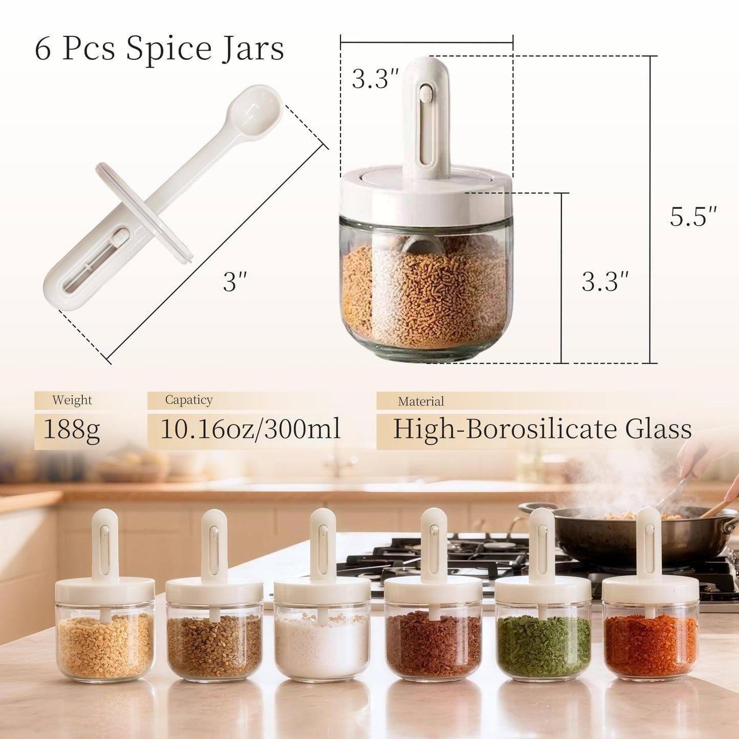 ShanSon 6-Piece Glass Spice Jars with Adjustable Spoon, 10.16oz /300ml Seasoning Containers with Airtight Lids, Moisture-Proof Condiment Pots, Spice Organizer for Kitchen Countertop & Pantry Storage
