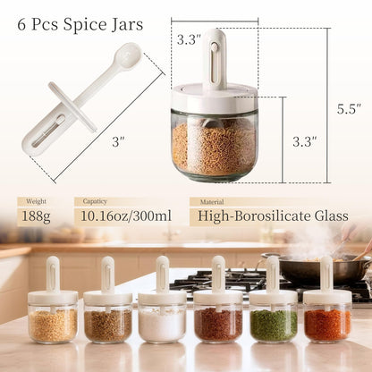 ShanSon 6-Piece Glass Spice Jars with Adjustable Spoon, 10.16oz /300ml Seasoning Containers with Airtight Lids, Moisture-Proof Condiment Pots, Spice Organizer for Kitchen Countertop & Pantry Storage