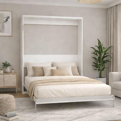 KEIKI Queen Size Vertical Cabinet Murphy Bed with Automatic Leg, Multifunctional Foldable Hideaway Wall Metal Bed Frame with Slats, No Box Spring Needed, Easy Assembly, for Bedroom, Guest Room, White