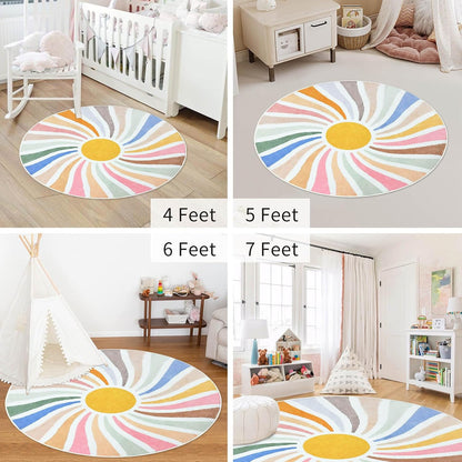 SKGULE 5 Boho Kids Round Rug Colorful Sun Bohemia Round Kid Area Rug for Playroom Non-Slip Washable Play Mat Soft