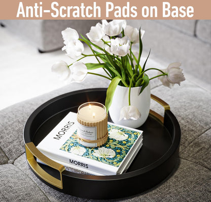 12 Inch Round Decorative Tray - Round Black Tray with Gold Metal Handles - Stain Resistant Serving Trays for Decor