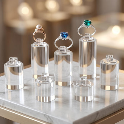Enenes 7 Pack Acrylic Ring Display Holder Clear Cylinder Jewelry Stand for Wedding Engagement Rings Organizer Sturdy Solid Showcase
