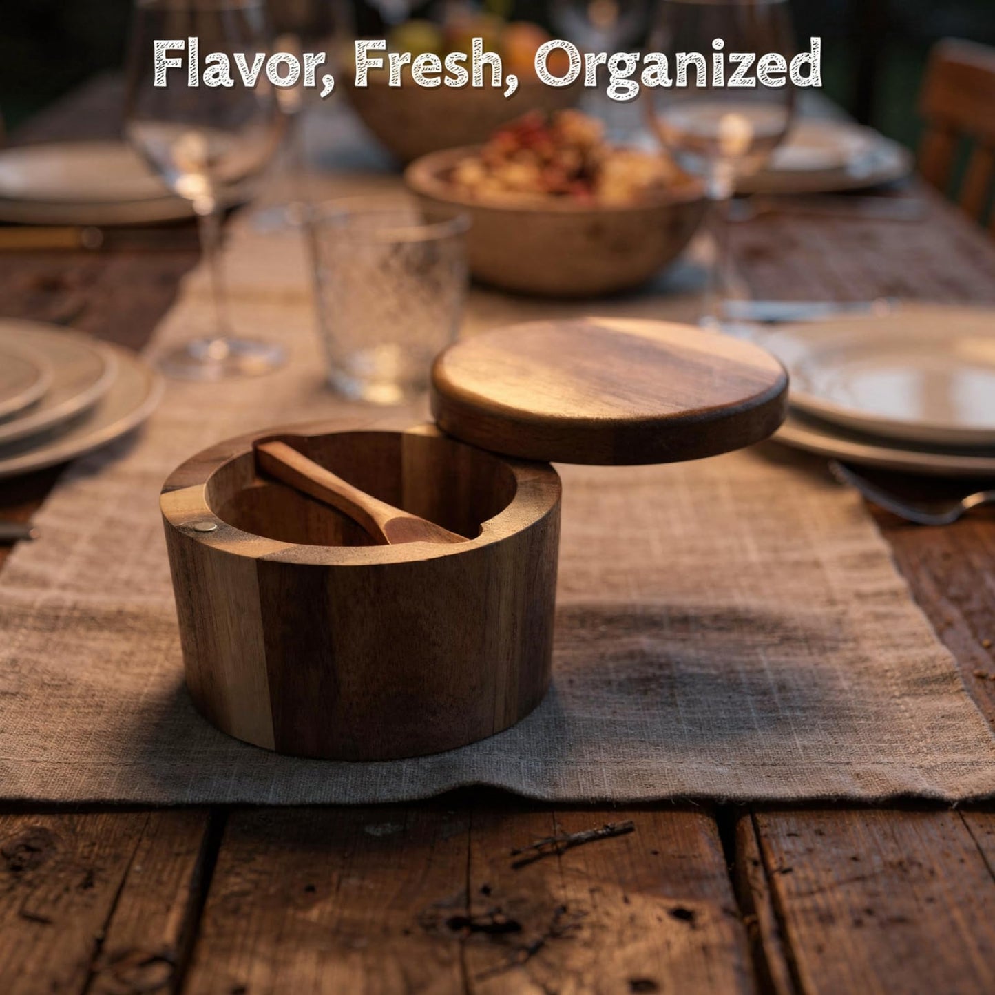 ZALIR 2 Pcs Acacia Wood Salt Cellars, Built-in Spoons, Secure-Clasp Lids, Single & Double Compartment Spice Containers, Dustproof Moisture-proof Seasoning Storage for Kitchen, 3.54 x 3.54 x 2.76 in