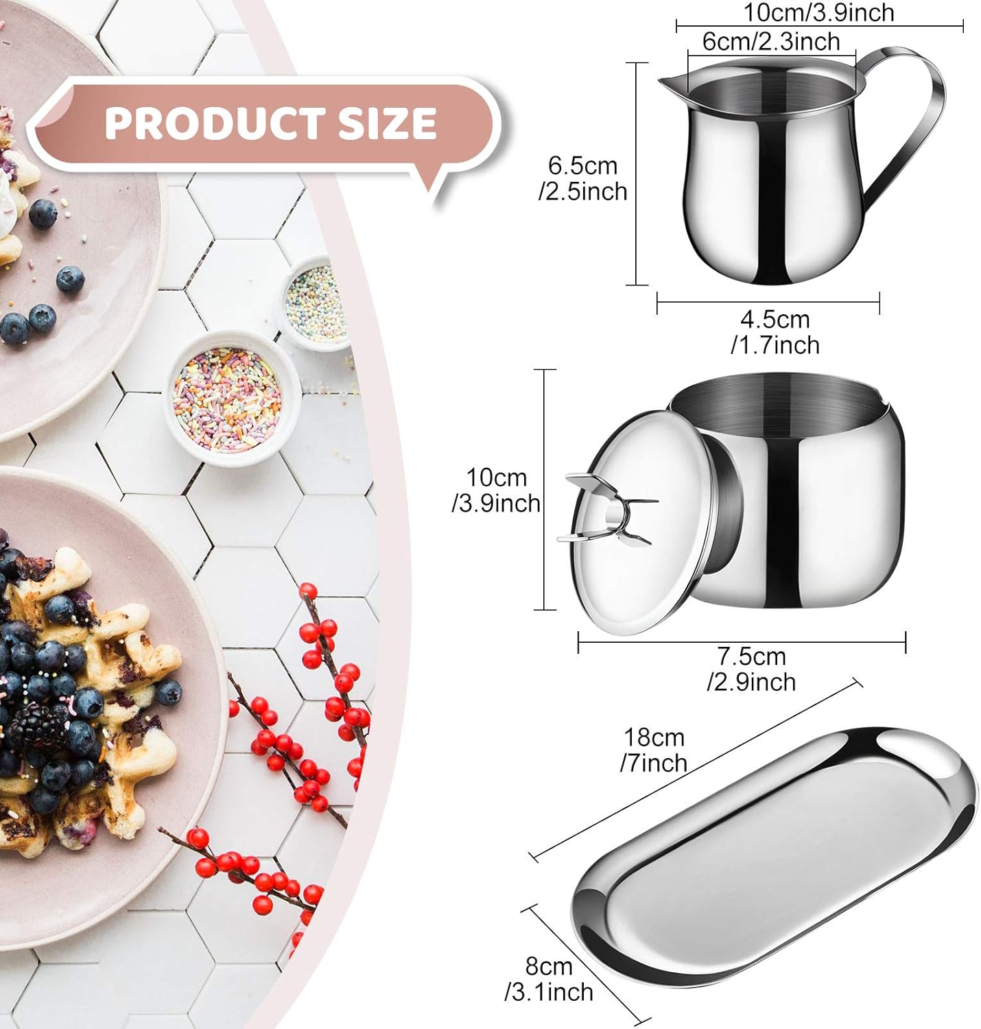 Stainless Steel Creamer and Sugar Bowl Set, Latte Milk Cup Cream Jug with Lid and Spoon Tray for Coffee Serving