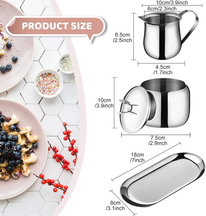 Stainless Steel Creamer and Sugar Bowl Set, Latte Milk Cup Cream Jug with Lid and Spoon Tray for Coffee Serving