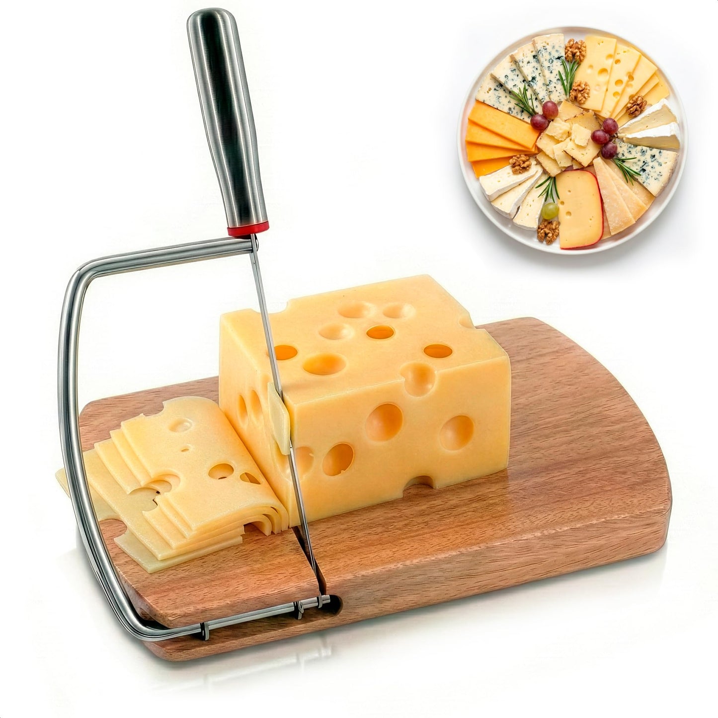 Manual Cheese Slicer for Block Cheese with Stainless Steel Blade & Locking Design - Multipurpose Wood Cheese Cutter Board 8.35x9.17x0.94 in for Slicing Butter, Vegetables, Fruits, Snacks & Deli Foods