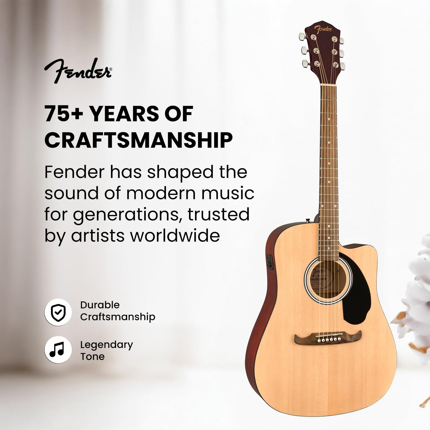 Fender FA-125CE Dreadnought Cutaway Acoustic-Electric Guitar - Natural Bundle with Hard Case, Tuner, Strap, Strings, Picks, and Austin Bazaar Instructional DVD