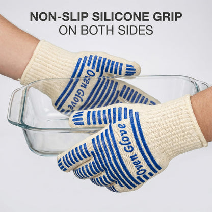 Heat Resistant Oven Gloves - 2 Pack, 540 Degree Professional Grade Oven Mitts with Fingers, Non-Slip Silicone Grip Cooking Gloves for Baking, Grilling, BBQ, Fireplace and Sourdough
