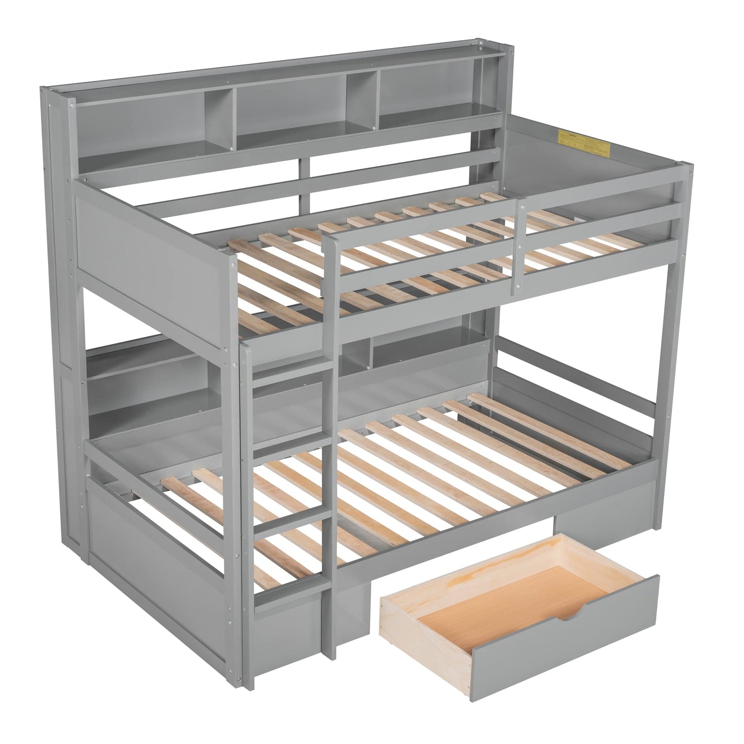 Ball & Cast Twin Over Twin Bunk Bed with Built-in Shelves Beside Both Upper and Down Bed & Storage Drawer, Twin Size Wooden Bunk Bed with Guardrails and Ladder for Kids,Teens,Adult,Gray