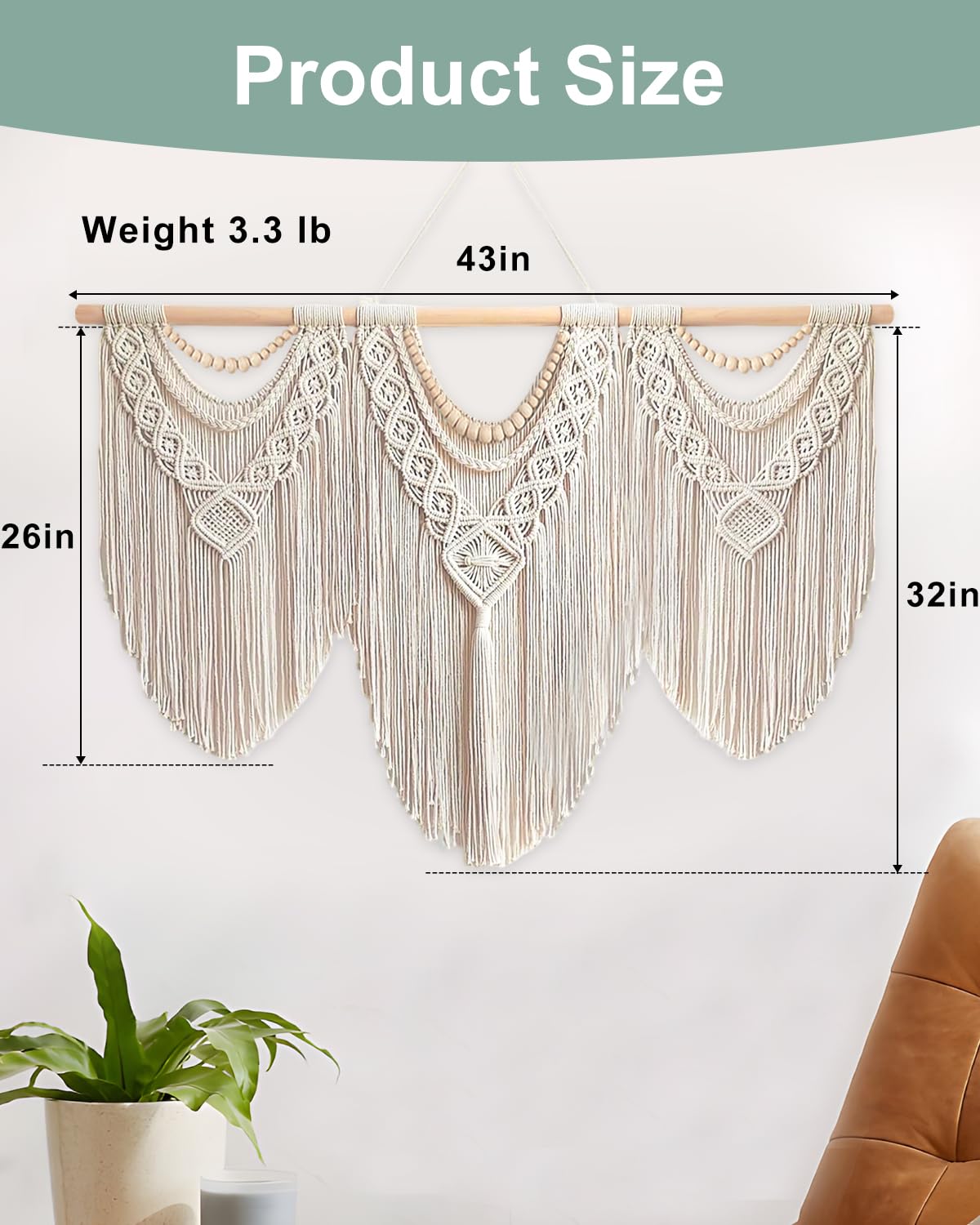 Gliterra Large Macrame Wall Hanging Handmade Boho Tapestry 43"x32" - Wall Art Decor for Living Room, Bedroom, Wedding (beige)