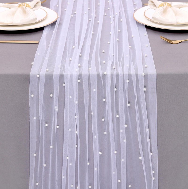 TuTive Gauze White Pearl Table Runner 10FT Sheer Spring Summer Pearl 120 Inch Valentine’s Day Tulle Table Runner for Dining Anniversary Wedding Table Decor for Home Party Decorations