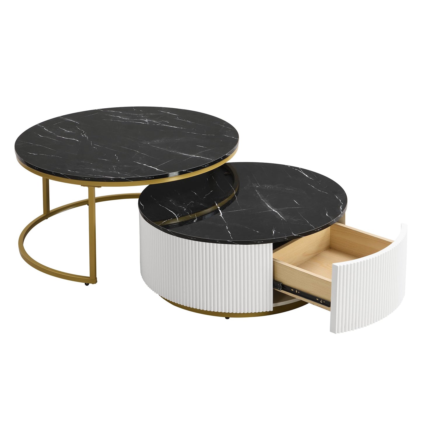 Ball & Cast Round Coffee Table Set of 2,Nesting Desk with Drawers,Smooth Durable Marble Tabletop and Fluted Design,Easy Care & Stain Resistance 31.5" for Bedroom,Living Room,Black & Gold