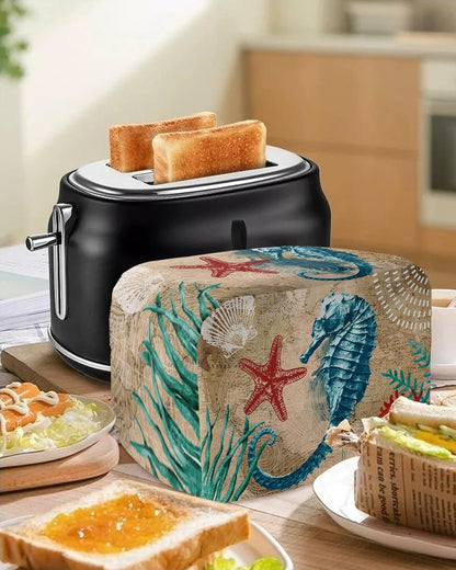 Nautical Theme Toaster Dust Cover with Pockets, Blue Seahorse and Seaweed Soft Washable Cover for 4 Slice Toaster