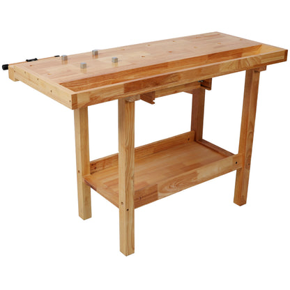 ABH 48 Inches Wood Workbench Heavy Duty Woodworking Table with Adjustable Handle Storage Shelf, 330lbs Capacity Solid Wood Workstation for Garage, Workshop, Improvement (Natural)