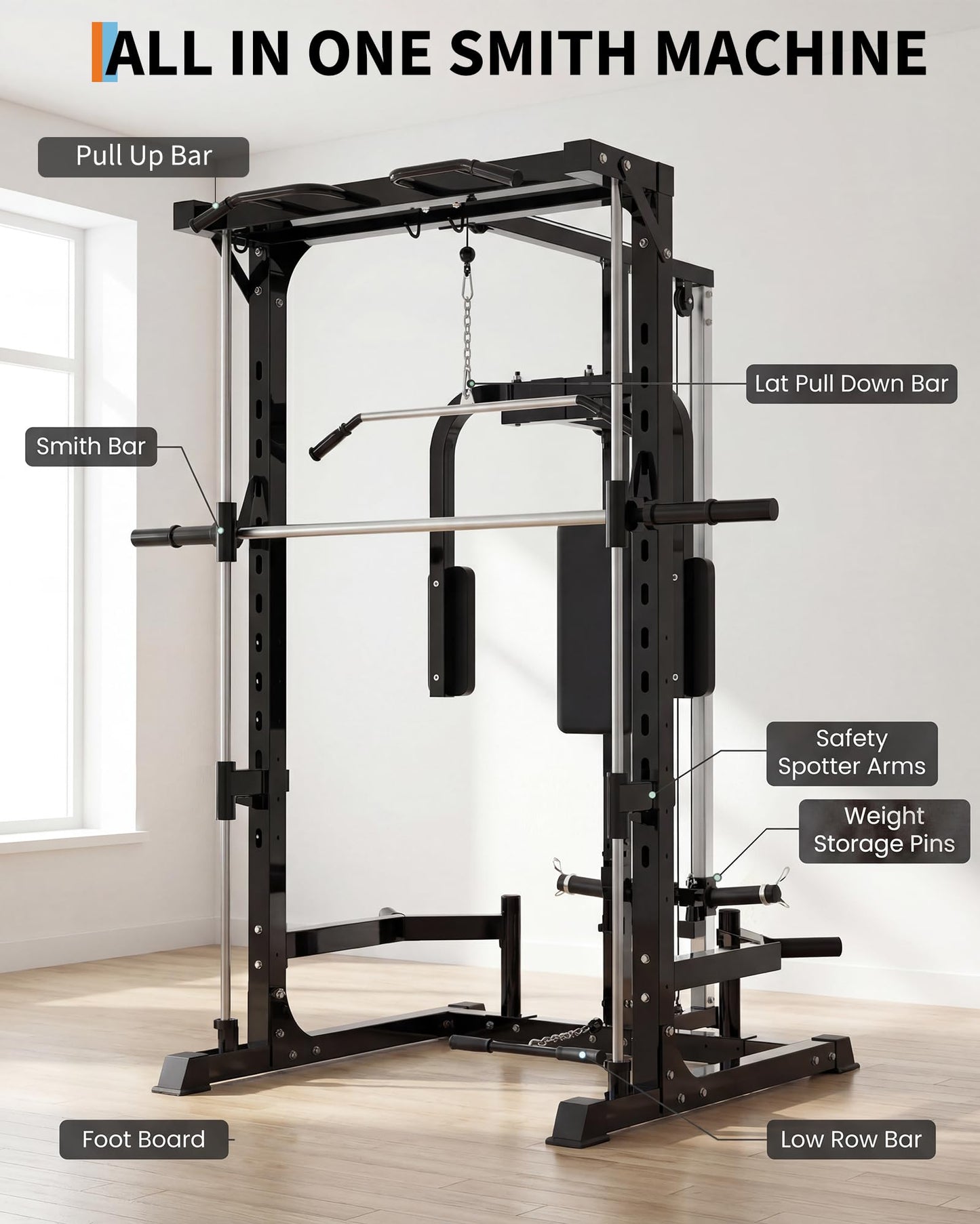 Garvee Smith Machine Home Gym, 1000 LB Power Cage Squat Rack with LAT Pulldown System, Chest Station & More Training Attachment, Multi-Functional Fitness Equipment for Full-Body Training, Black