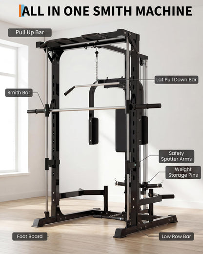 Garvee Smith Machine Home Gym, 1000 LB Power Cage Squat Rack with LAT Pulldown System, Chest Station & More Training Attachment, Multi-Functional Fitness Equipment for Full-Body Training, Black