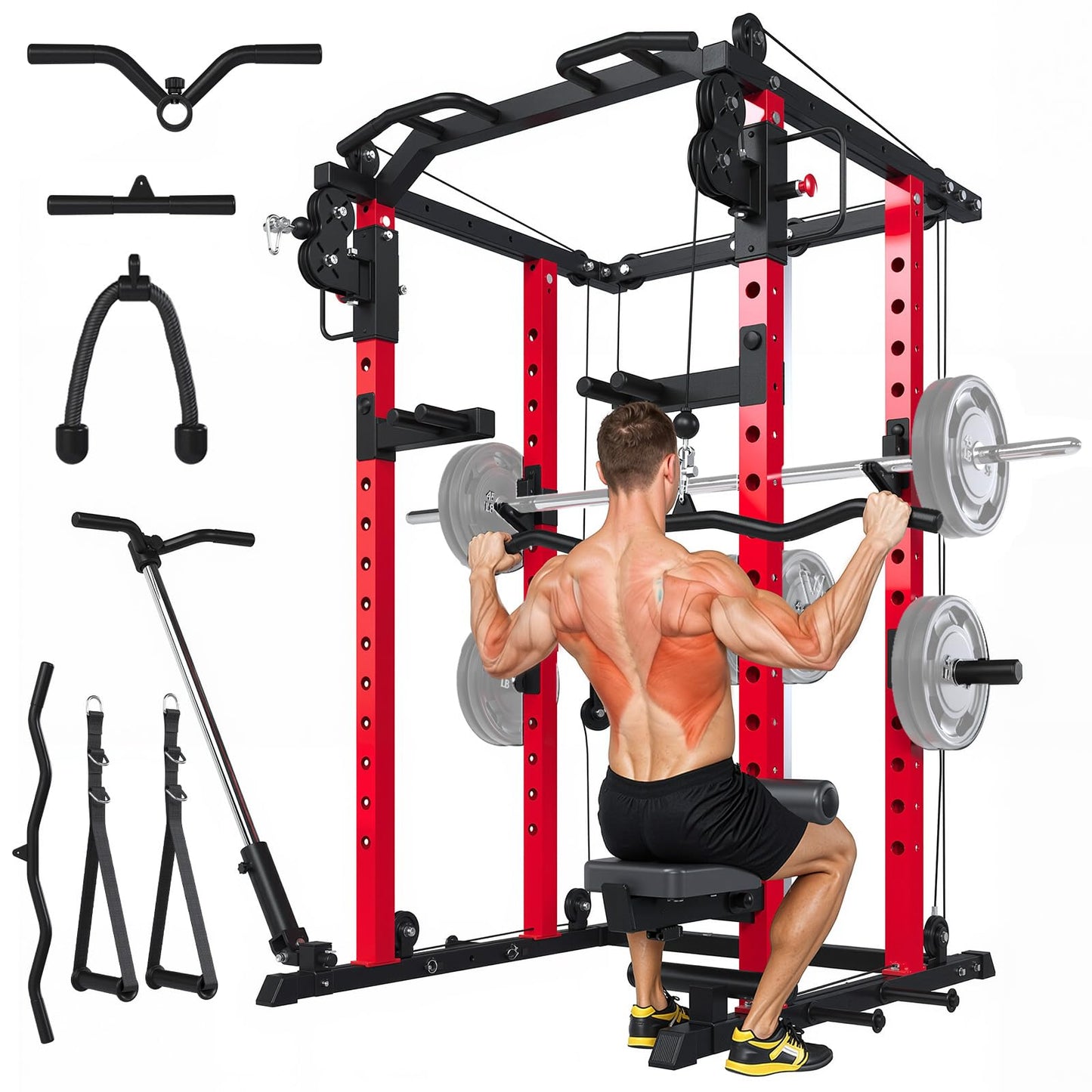 Power Rack with LAT Pulldown & Dual Pulley, 2000lbs Squat Rack for Home Gym, All-in-One Strength Training Cage with Cable Crossover, Bench Press & Pulley Workout System for Garage