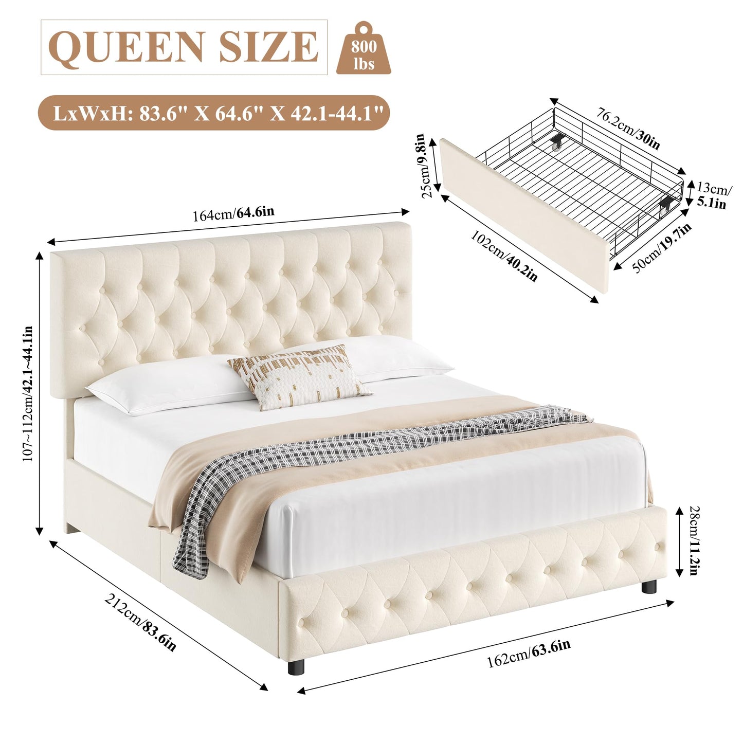 Keyluv Modern Queen Size Upholstered Bed Frame with 4 Storage Drawers, Button Tufted Headboard Design, Solid Wooden Slat Support, Easy Assembly, Soft Velvet, Beige