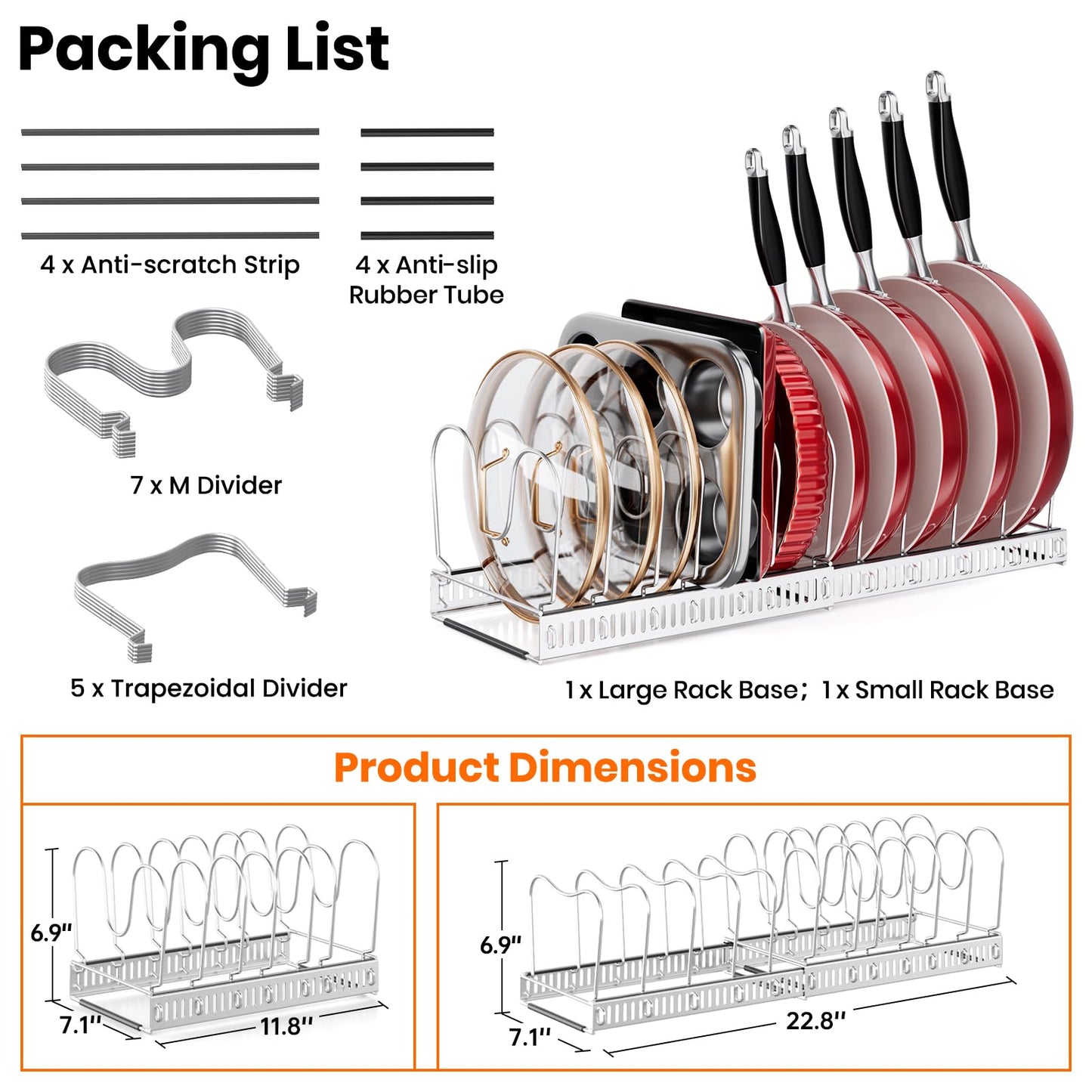 MUDEELA Pots and Pans Organizer Rack for under Cabinet, Expandable 11.81''-22.85'' Pot Lid Kitchen Cabinet Organizer Holder with 10 Adjustable Compartment Cutting Board Organizer for Pan Lid, Bakeware