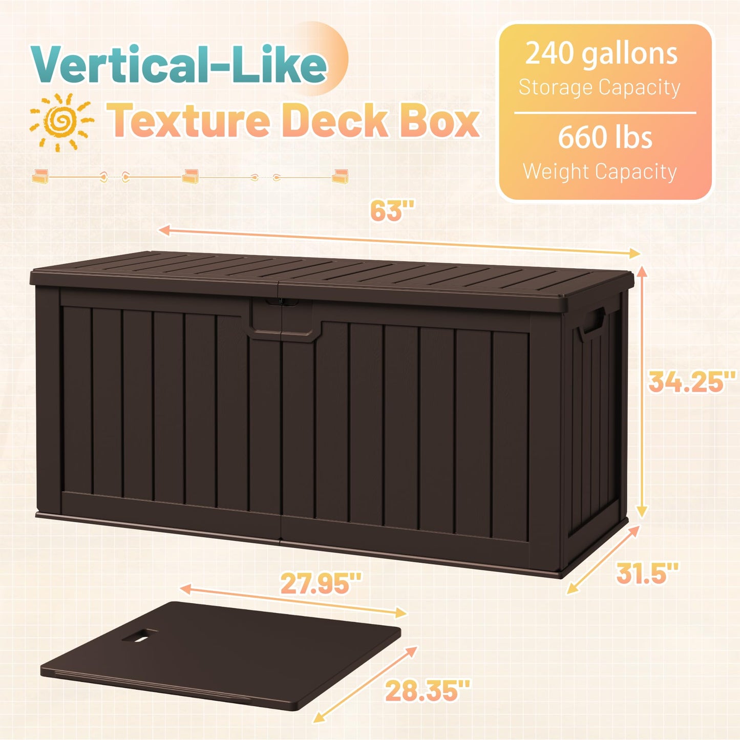 Patiowell 240 Gallon Large Outdoor Storage Box, Waterproof Deck Box with Fixed Divider, Lockable and Durable Patio Storage Solution for Patio Furniture and Garden Tools (Brown)