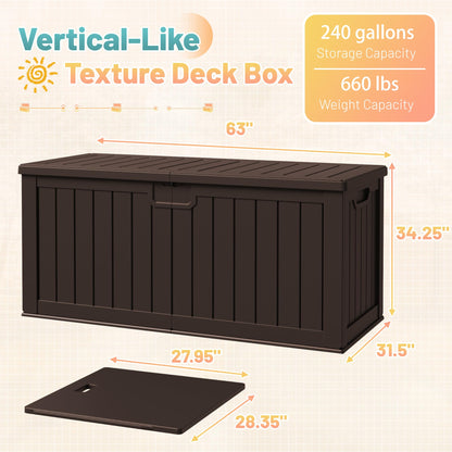 Patiowell 240 Gallon Large Outdoor Storage Box, Waterproof Deck Box with Fixed Divider, Lockable and Durable Patio Storage Solution for Patio Furniture and Garden Tools (Brown)