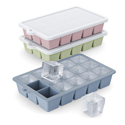 Silicone Ice Cube Tray 3 Pack - EASY RELEASE ice cube tray with lid, BPA Free Ice Cubes Trays for Freezer,ice cube mold for Cocktail,Whiskey (Blue+Pink+Green)