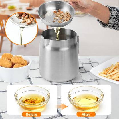 68oz Stainless Steel Oil Filter Pot with Deep Fryer Basket - Kitchen Large Capacity Versatile Oil Strainer Vessel and Bacon Grease Saver for Cooking Grease