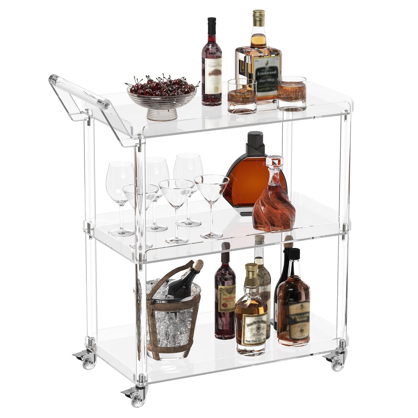 HMYHUM Acrylic Bar Cart with 4 Lockable Wheels, 30.5" L x 15.2" W x 34.5" H, Rolling Serving Cart for the Home Bar, Kitchen, Living Room, with Pulling Handle, Modern, 3-Tier, Clear