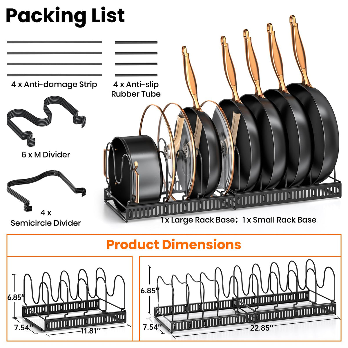 MUDEELA Pots and Pans Organizer Rack for under Cabinet, Expandable 11.81''-22.85'' Pot Lid Kitchen Cabinet Organizer Holder with 10 Adjustable Compartment Cutting Board Organizer for Pan Lid, Bakeware