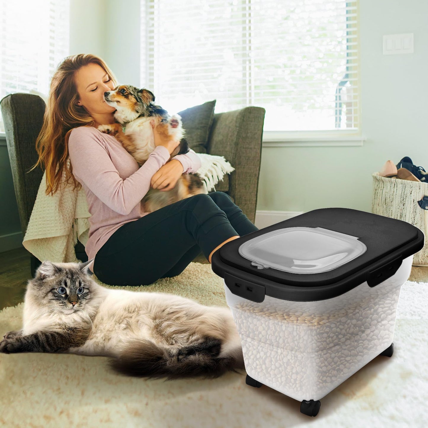 YECERCAN Dog Food Container, Collapsible Pet Food Storage Container 17-20 lb with Rolling Wheels & Airtight Lid, Plastic Storage Bin With Dog Food Scoop and Measuaring Cups