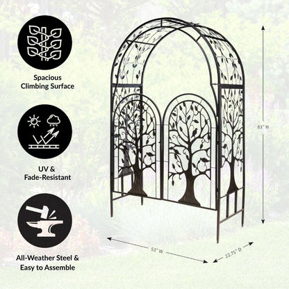 Plow & Hearth Metal Tree of Life Arched Garden Arbor with Gate | 7 feet Tall Laser-Cut Design | Plant Support for Heavy Vines | Landscape Focal Point | Iron Steel