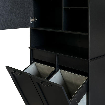 Roomfitters Tilt Out Laundry Hamper Cabinet with Hutch Modern Black Wooden Bathroom Storage Pantry Linen Tower, Black
