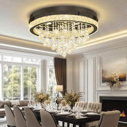 Shial Lighting Dia 24" Modern Crystal Chandeliers for Dining Room,Black Raindrop Chandelier Flush Mount Chandeliers for Living Room Bedrooms Dining Room Dimmable 2700k 4500k 6000k