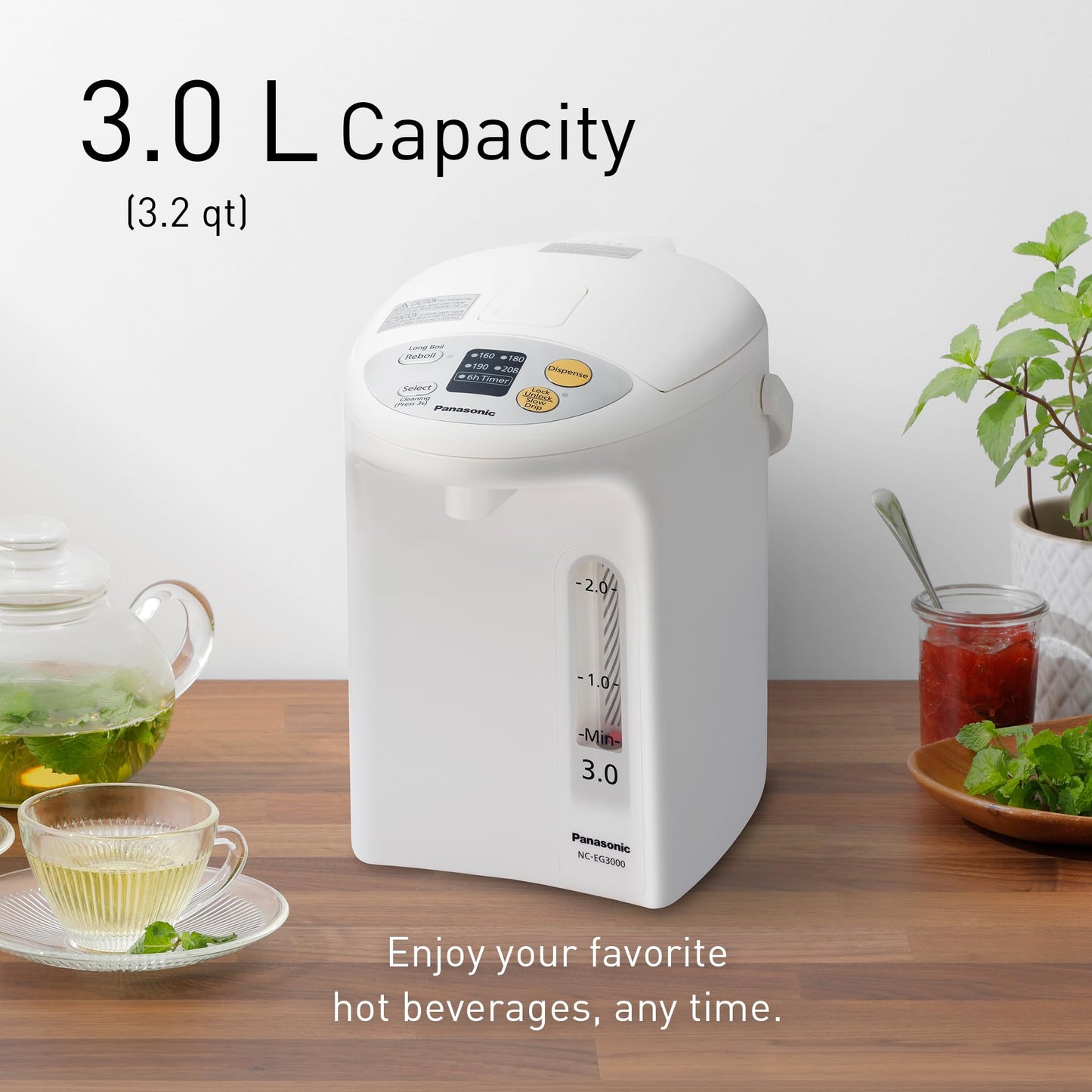 Panasonic 3L Water Boiler Electric Hot Water Dispenser Countertop w/Slow-Drip Mode for Coffee & Tea, 4 Temp Presets, Charcoal‑Purified Stainless, Auto Shut‑Off, Timer & Safety Lock - NC-EG3000