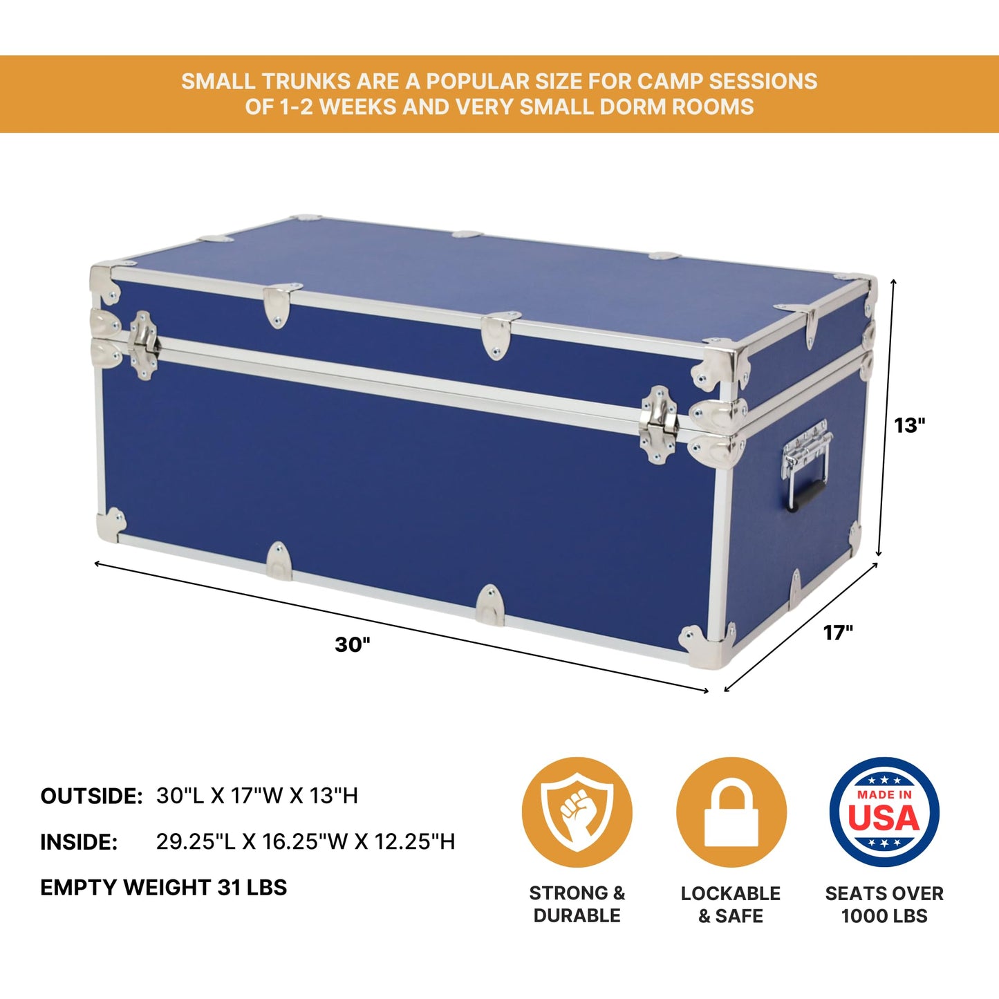 Rhino Trunk & Case Small Essential Trunk With Wheels, Tray, & Lid Organizer - 30"x17"x13", 1000+ lbs Capacity. Strong, USA Made Summer Camp Footlocker, and Secure College Dorm Storage Chest